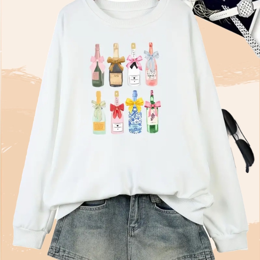3 Pack White with Colorful Champagne Bottle Print Sweatshirt Size 12, 14, 16